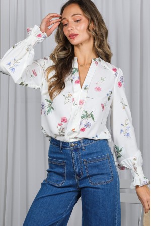 Split V-Neck Floral Print Feminine Blouse Top VT31377H