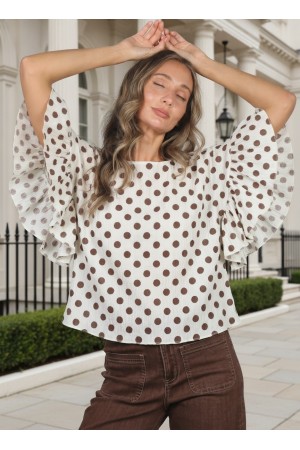 Delightful Polka Dot Flutter Flowy Textured Blouse VT83104E