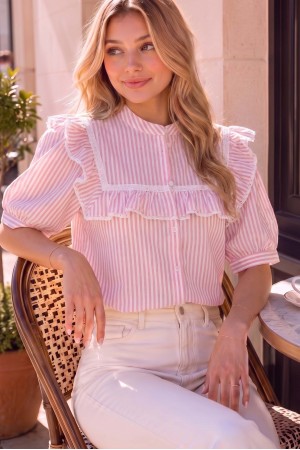 Delightful Striped Lace Trim Cotton Blouse Top VT83740