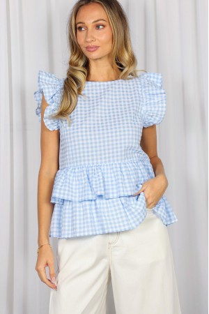 Charming Gingham Ruffle Embellished Sleeveless BlouseVT83743