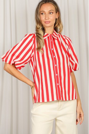 Classic Button Up Charming Stripe Trendy Puff Shirt VT83834D