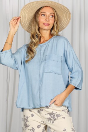 Pocket & Exposed Seam Accent Modern Washed Denim Top VT83851